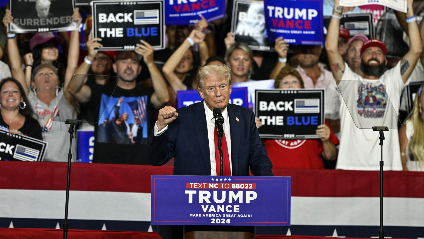 Trump turns his full focus on Harris at his first rally since Biden’s exit from the 2024 race